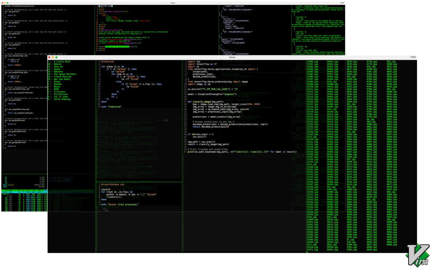 Vim development workspace with terminal panes